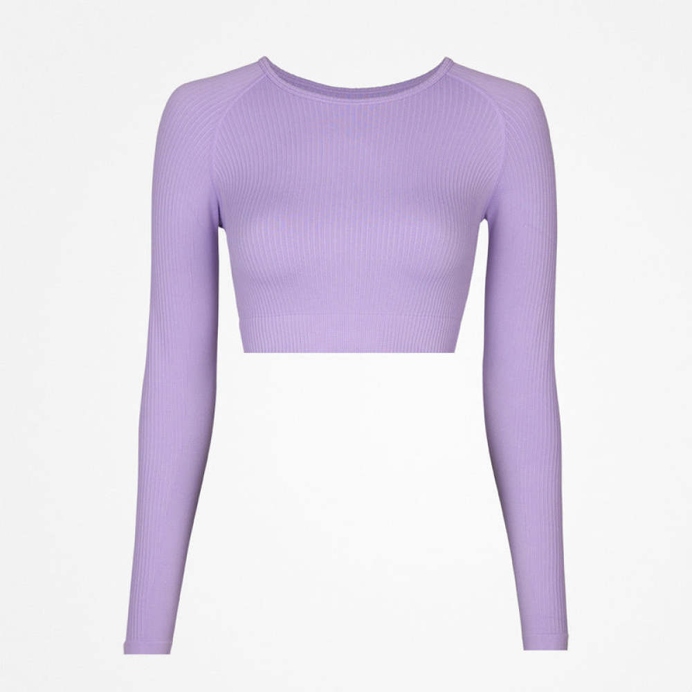 Geripptes Sportshirt langarm Damen aus recyceltem Polyamid Pastelllila