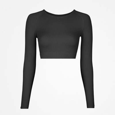 Geripptes Sportshirt langarm Damen aus recyceltem Polyamid Schwarz