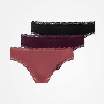 Tangas mit Spitze aus Bio-Baumwolle Mix (Mauve/Weinrot/Schwarz)