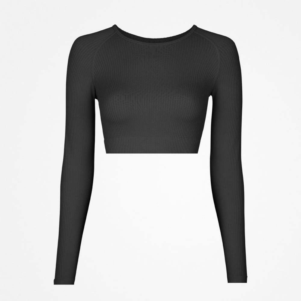 Geripptes Sportshirt langarm Damen aus recyceltem Polyamid Schwarz