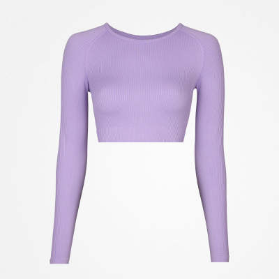 Geripptes Sportshirt langarm Damen aus recyceltem Polyamid Pastelllila