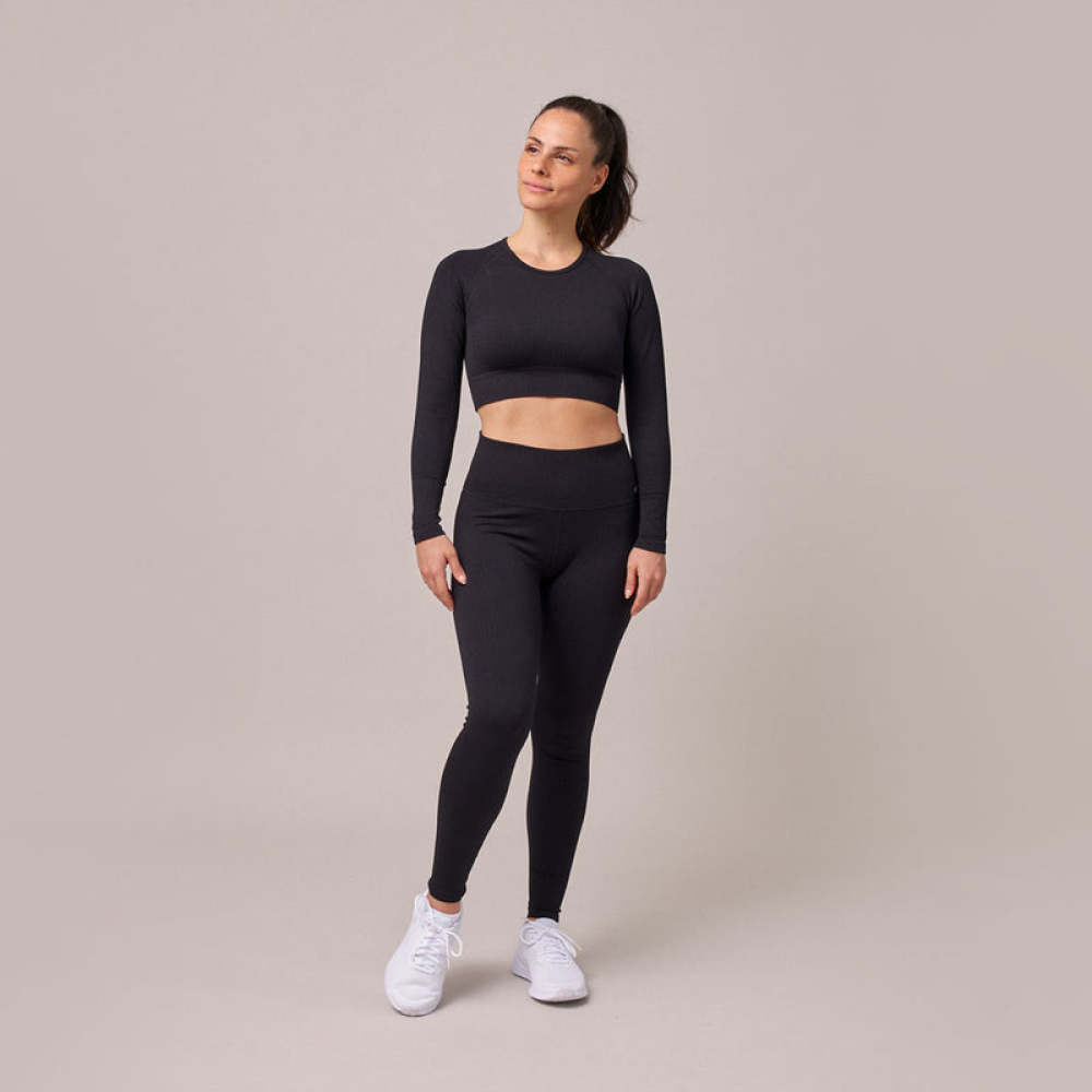 Geripptes Sportshirt langarm Damen aus recyceltem Polyamid Schwarz