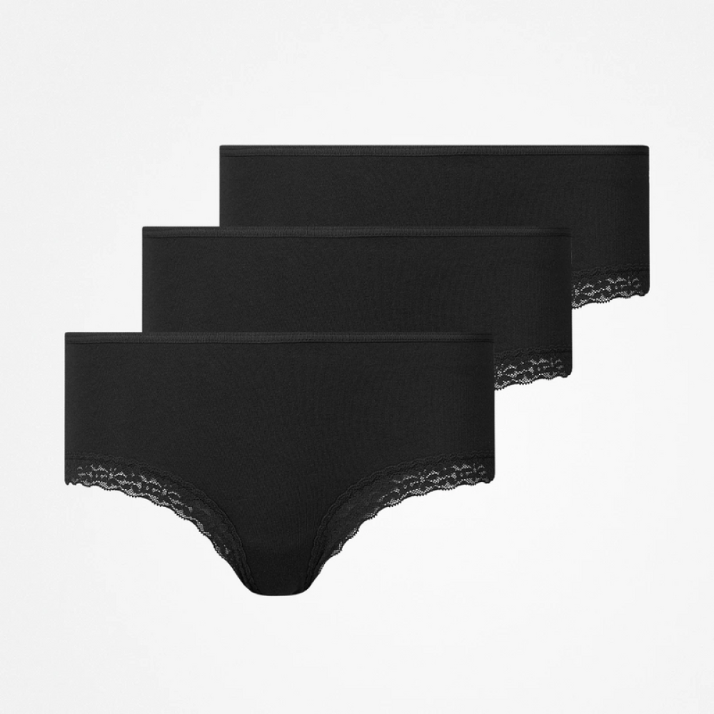 Hipster Panties mit Spitze leg lace aus Bio-Baumwolle Schwarz