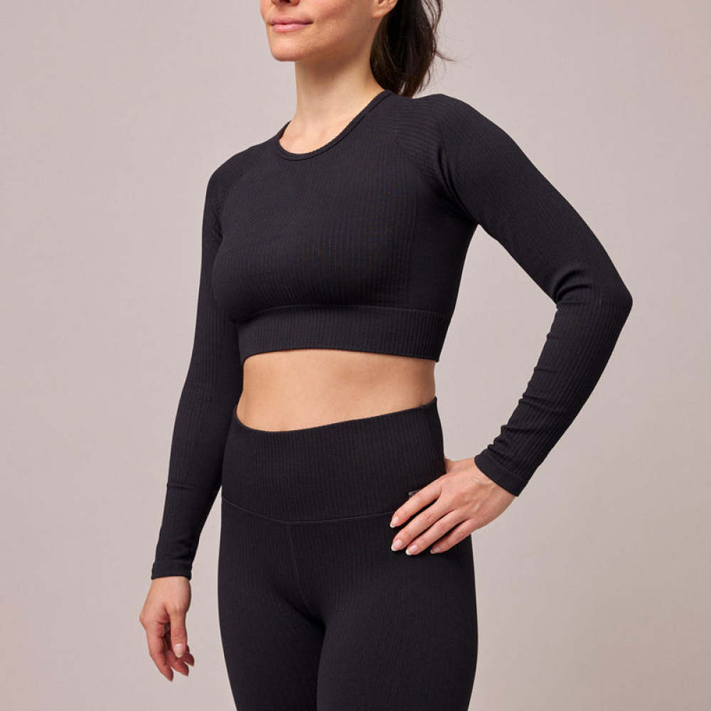 Geripptes Sportshirt langarm Damen aus recyceltem Polyamid Pastellgrün