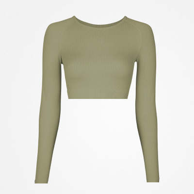 Geripptes Sportshirt langarm Damen aus recyceltem Polyamid Pastellgrün